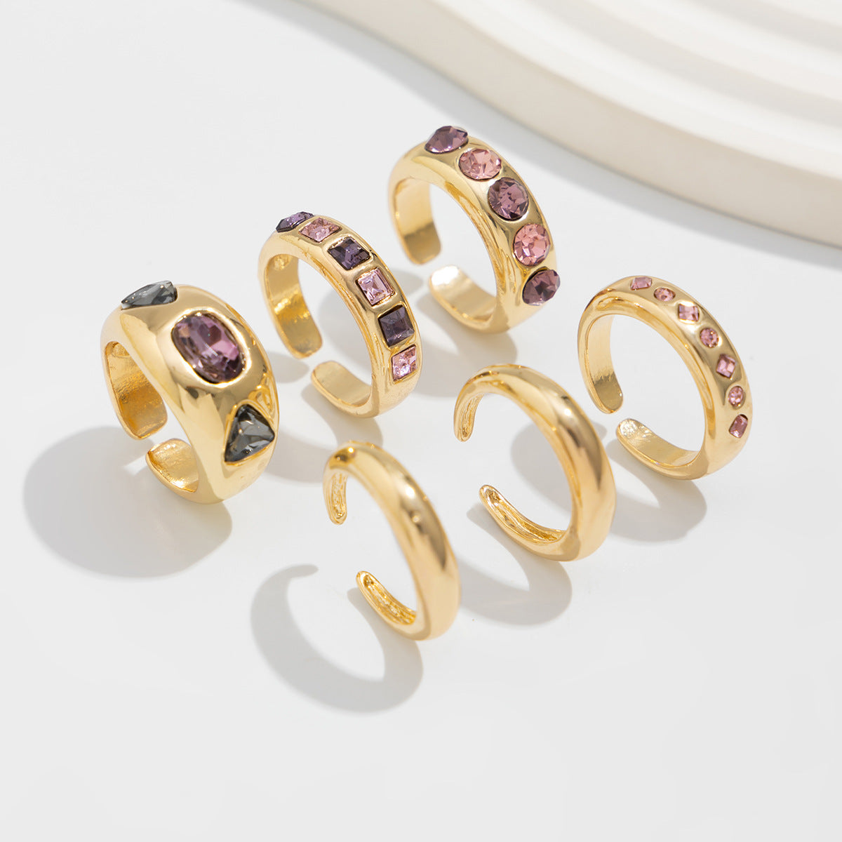 Vintage Geometric Alloy Ring Set with Micro-Pavé Colorful Inlay for Women Stackable Finger Rings