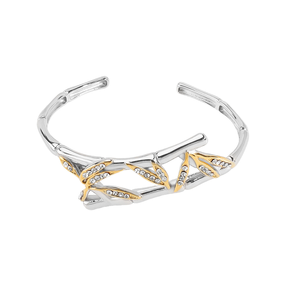 Bracciale Vintage in Bambù con Foglie in Acciaio Inox con Intarsio di Strass, Finitura Placcata, Gioiello da Mano di Lusso Leggero