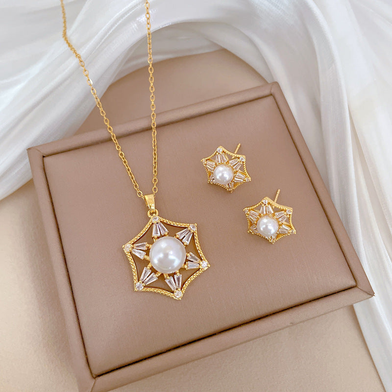 Luxury Fresh and Sweet Plated Brass Zircon Micro-Pave Earrings and Necklace Set