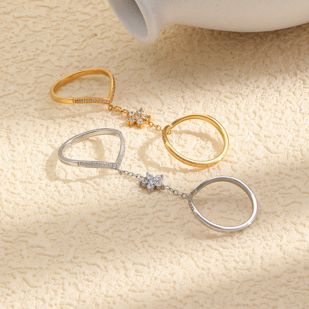 Elegant Minimalist 18K Gold Plated Stainless Steel Floral Double Layer Ring for Women