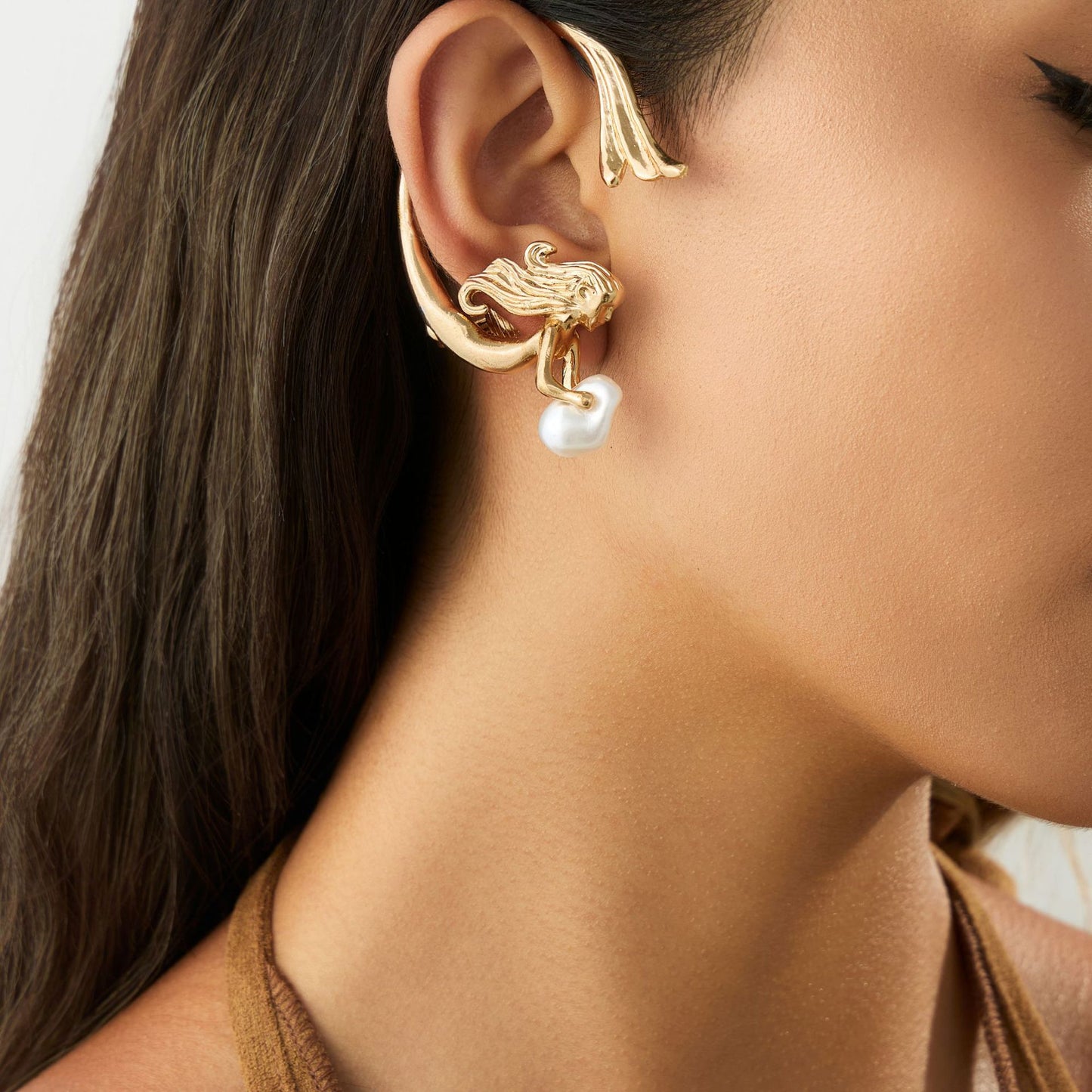 Minimalist Angel Mermaid Clip-On Earrings for Women with Imitation Pearl Accents and Electroplated Steel Posts