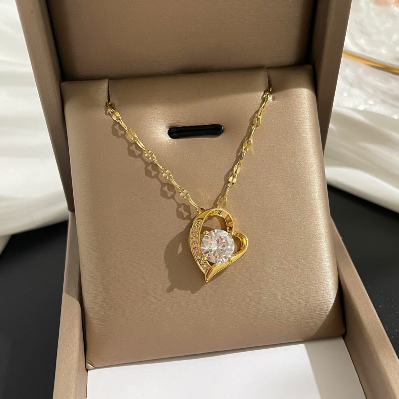 Minimalist Geometric Titanium Steel Necklace with Gold Plated Brass Pendant and Rhinestone Inlay