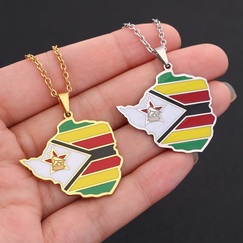 Collana con Pendente Mappa Geometrica dello Zimbabwe in Acciaio Inossidabile con Ciondolo in Acciaio al Titanio, Catena a O Elettroplaccata, Accessorio di Moda Unisex