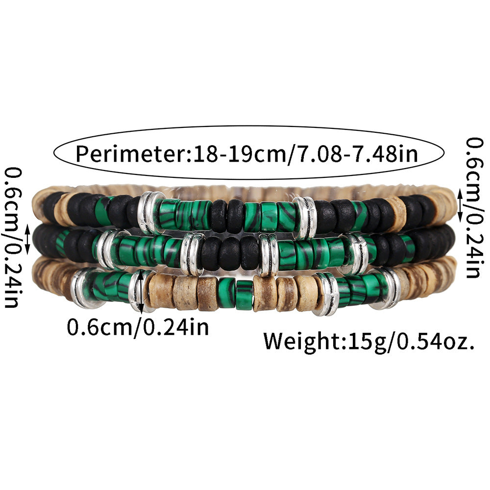 Vintage Bohemian Green Peacock Coconut Wood Beaded Stackable Bracelet for Men and Women