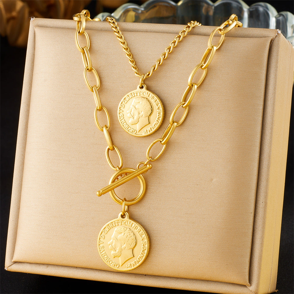 Collana con ciondolo tondo doppio lato con ritratto vintage in acciaio inossidabile placcato oro, catena a serpente da donna