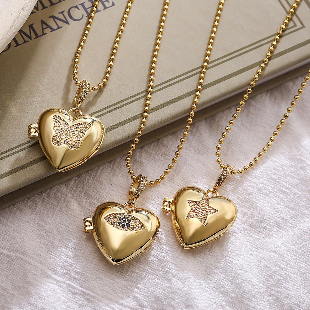 Minimalist Butterfly Star Heart Eye Photo Pendant Necklace for Women in Copper with Gold Plating and Zircon Inlay