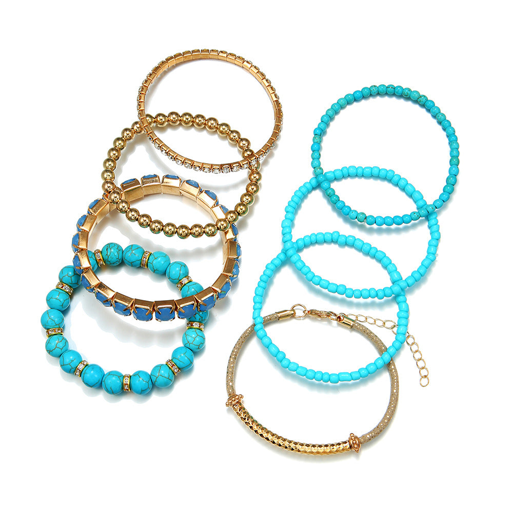 Bohemian Vintage Geometric Round Brass Bracelet Set with Turquoise and Rhinestone Beads