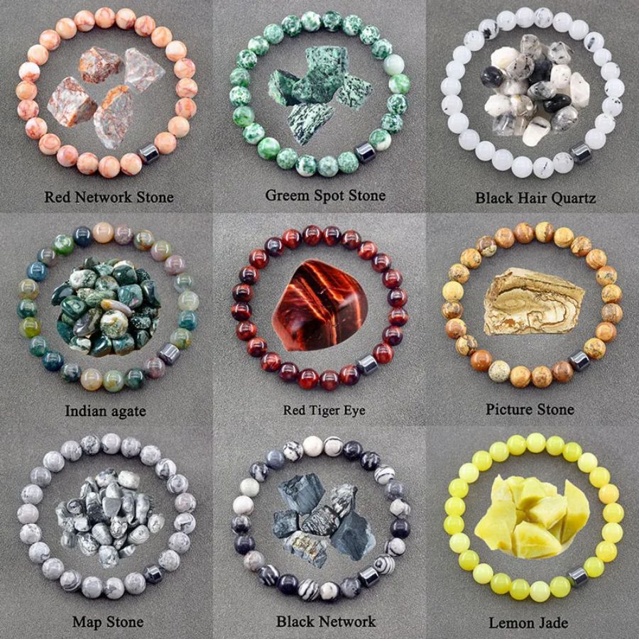 Geometric Agate Beaded Bracelet with Floral Pattern Unisex Natural Stone Jewelry