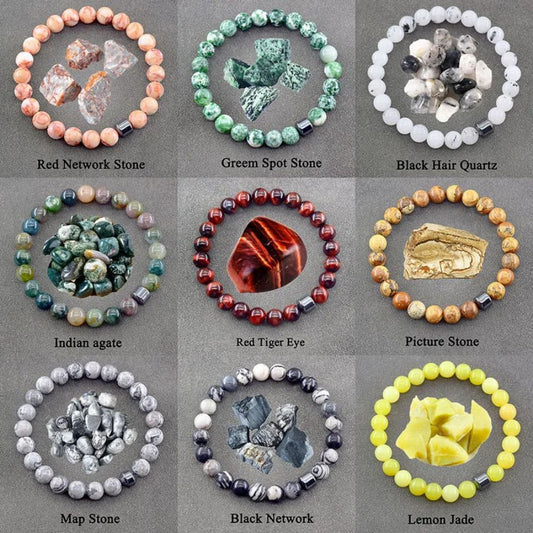 Geometric Agate Beaded Bracelet with Floral Pattern Unisex Natural Stone Jewelry