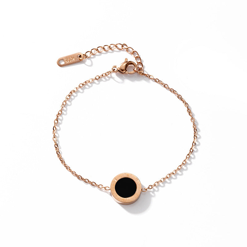 Minimalist Round Roman Numeral Bracelet in Titanium Steel with 18K Rose Gold Plating for Women