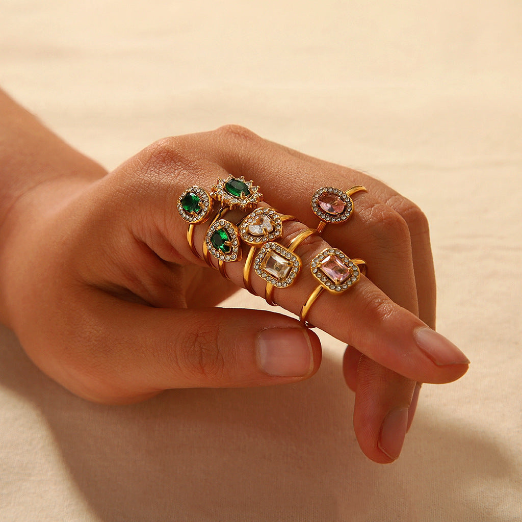 Vintage Stainless Steel Heart-Shaped Geometric Ring with Zircon Inlay and 18K Vacuum Plating for Women