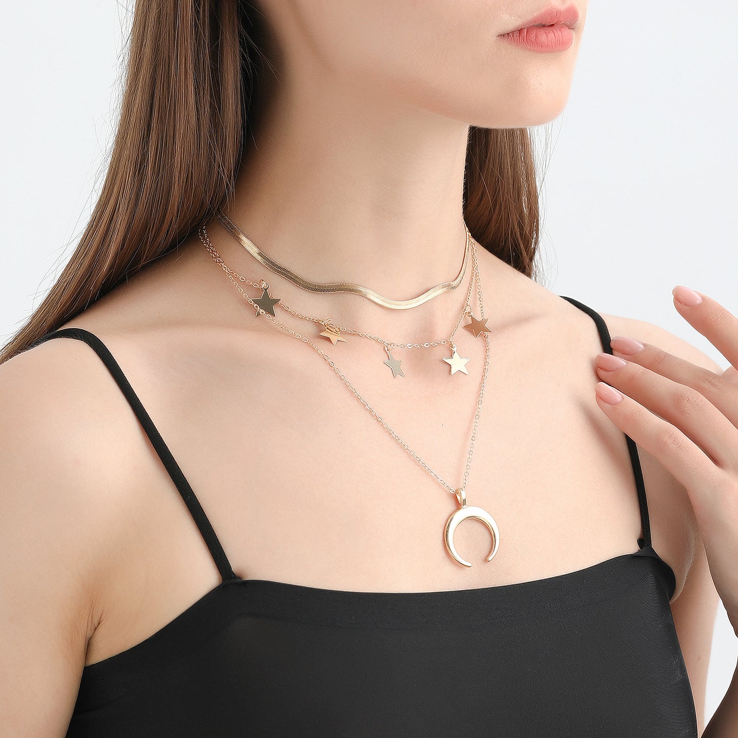 Punk Style Star and Crescent Moon Pendant Necklace with Tassels for Women Alloy Plated Clavicle Chain