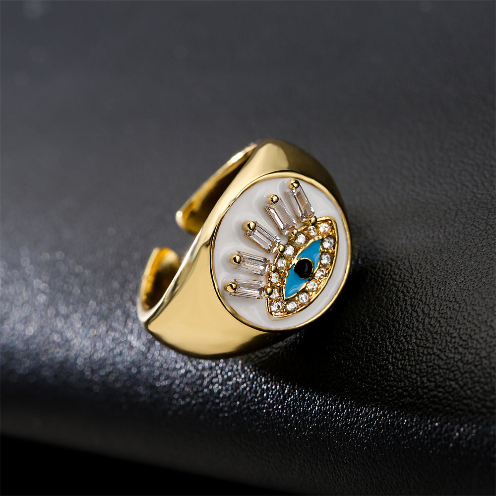 Geometric Brass Gold Plated Ring with Cubic Zirconia and Drip Oil Eye Design for Women