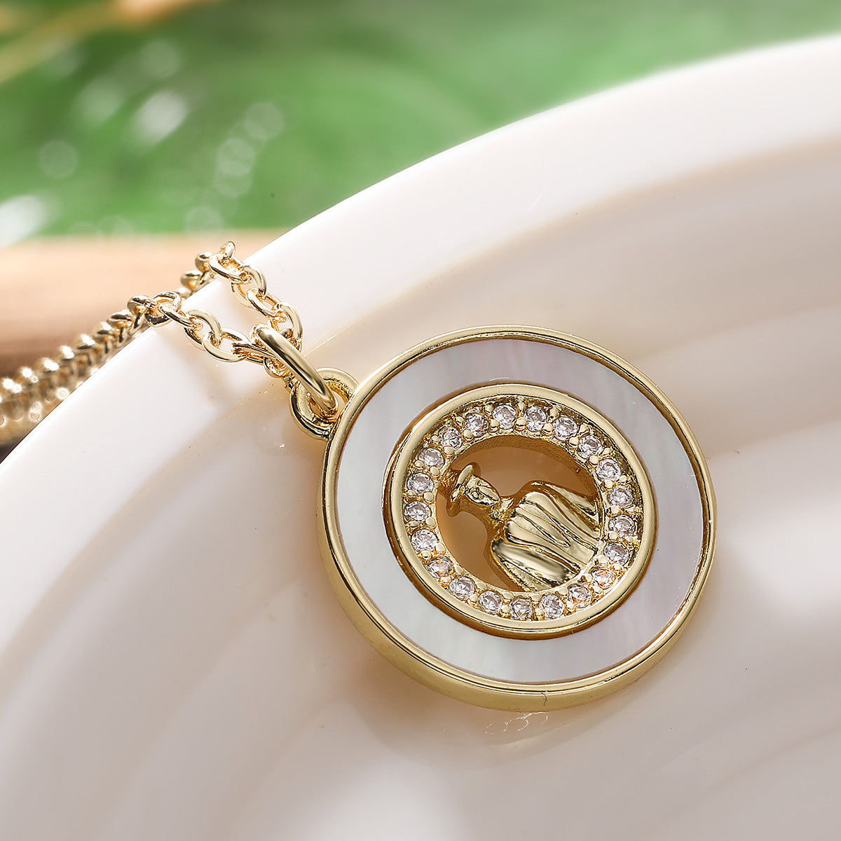 Minimalist Round Geometric Brass Plated Necklace with Cubic Zirconia for Women