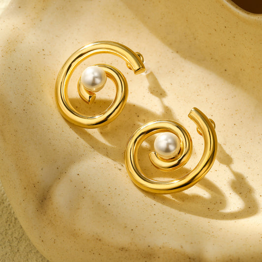 Fashion Minimalist 18K Gold Plated Spiral Stainless Steel Pearl Stud Earrings for Women