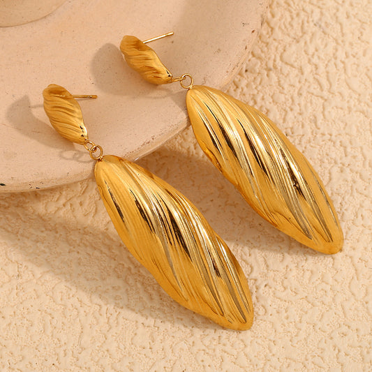 Vintage French-Inspired Geometric Stainless Steel Earrings with Long Shell Pendant and Plated Finish for Women