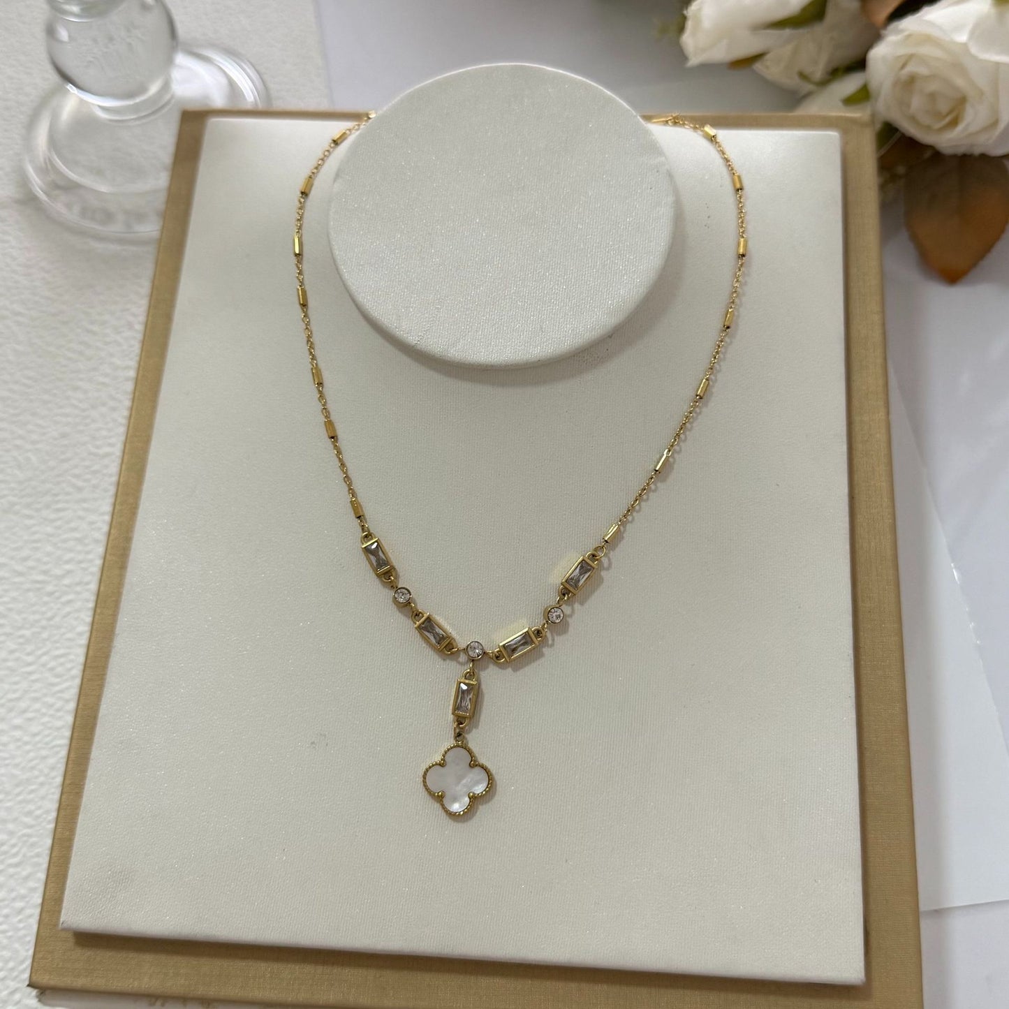 Minimalist Luxury Gold Plated Titanium Steel Four-Leaf Clover Cubic Zirconia Necklace for Unisex