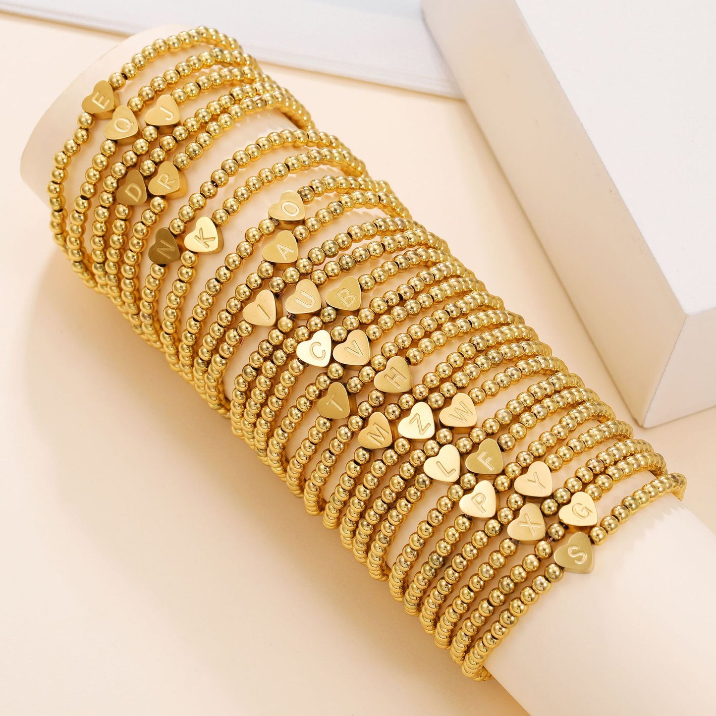 Minimalist Stainless Steel Heart Letter Bracelet with Gold Brass Beads