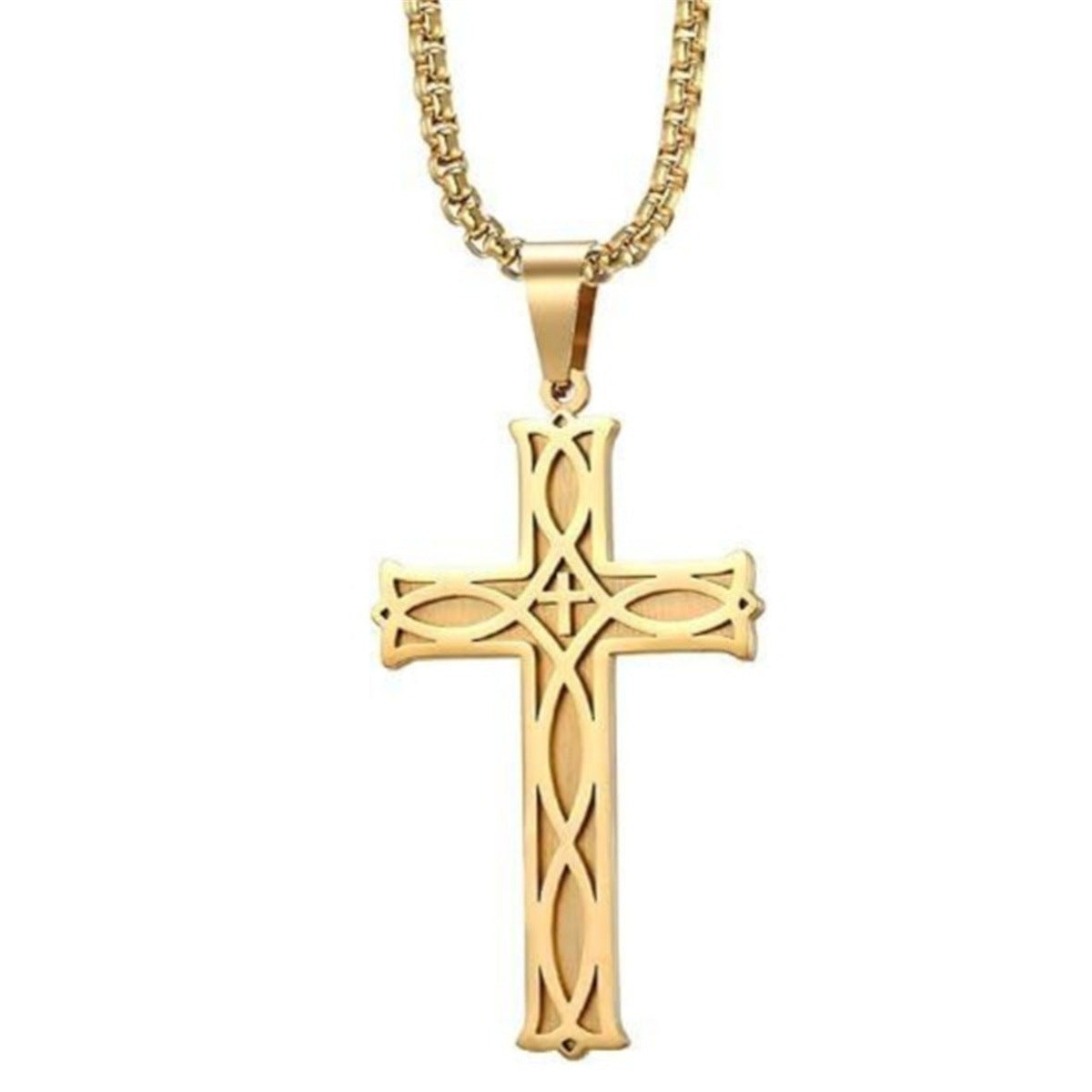 Minimalist Celtic Knot Cross Pendant Necklace for Men in Stainless Steel with Polished Titanium Steel Charm on Pearl Chain