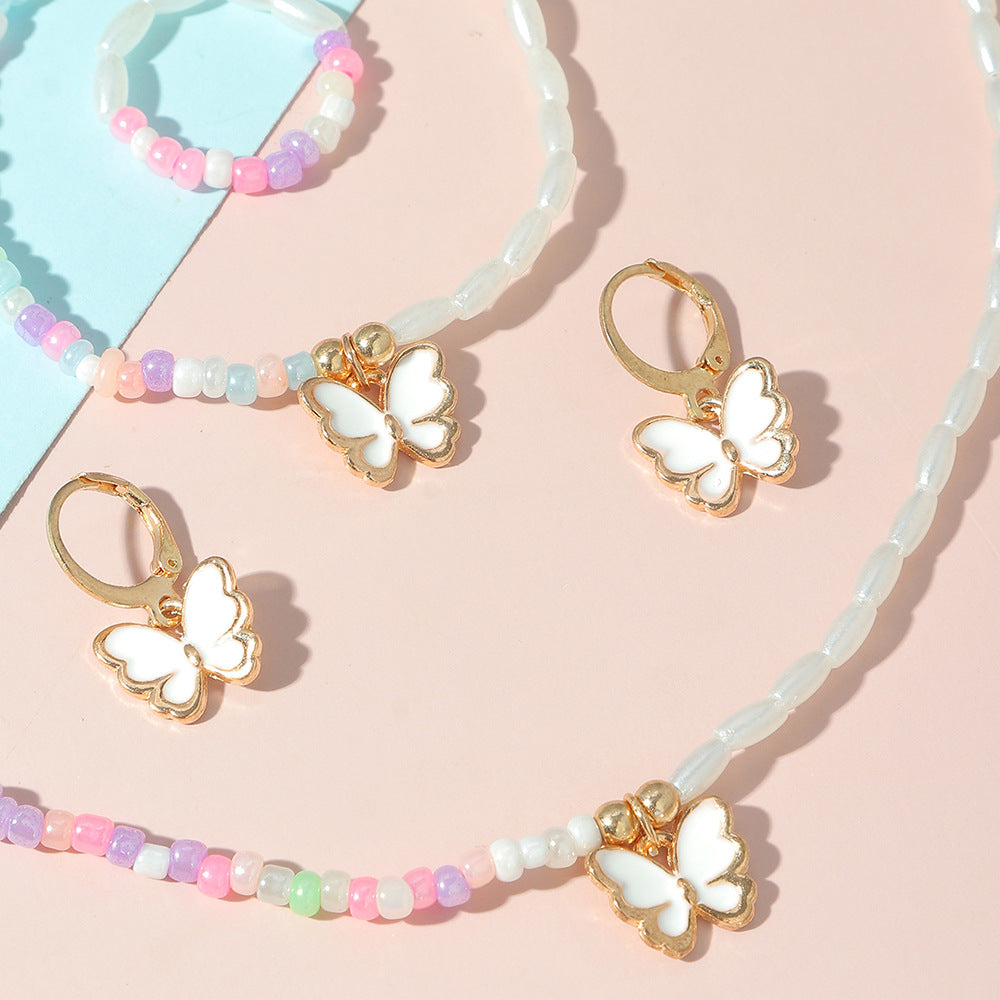 Cute Minimalist Children's Jewelry Set with Enamel Butterfly Pendant on Beaded Chain, 5-Piece Matching Earrings Necklace Bracelet Set