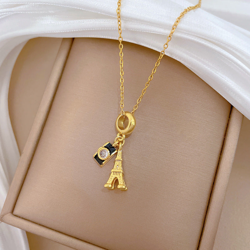 Sweet Geometric Camera Tower Rhinestone Plated Titanium Steel Necklace for Unisex