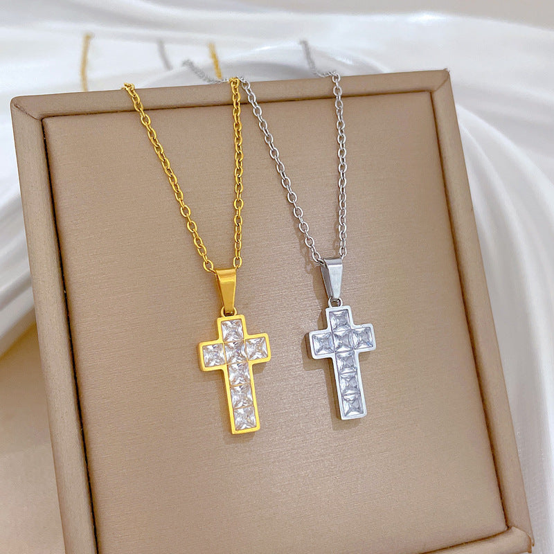 Sweet Cubic Zirconia Cross Plated Titanium Steel Necklace Curb Chain Unisex