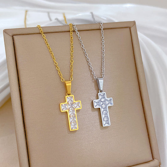 Sweet Cubic Zirconia Cross Plated Titanium Steel Necklace Curb Chain Unisex