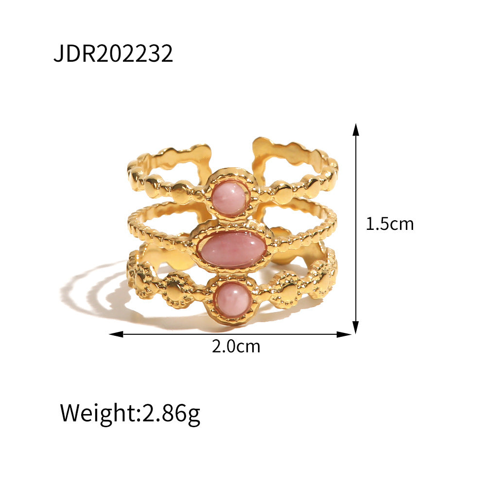 Anillo de dedo ajustable de acero inoxidable rosa, geométrico, minimalista, con incrustaciones de gemas para mujer