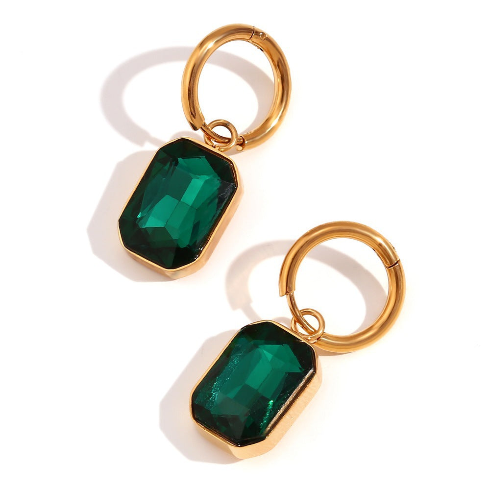 Fashionable Geometric Stainless Steel Earrings with 18K Gold Plating and Rectangular Cubic Zirconia Pendants for Women
