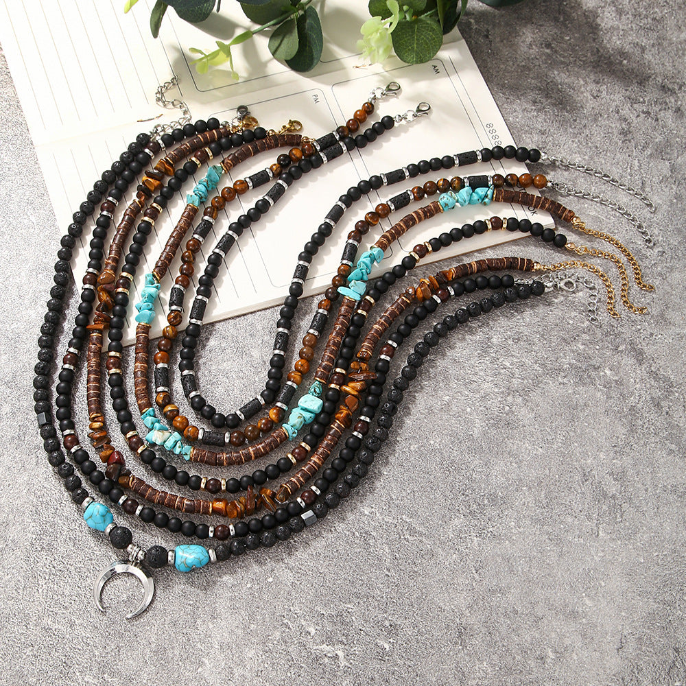 Bohemian Handmade Plated Alloy Moon Beaded Necklace with Turquoise Tiger Eye and Coconut Shell