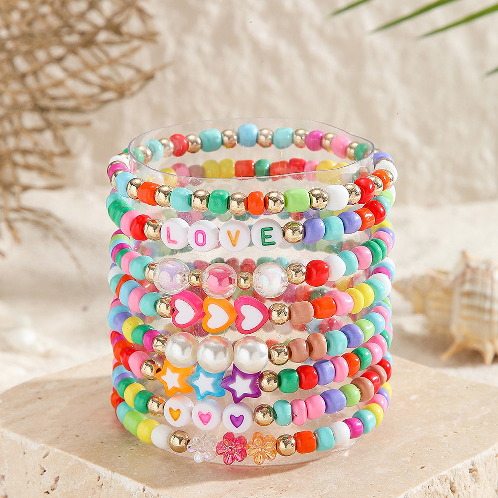 Sweet Minimalist Candy Color Heart Flower Glass Beaded Bracelet with Letter Charm