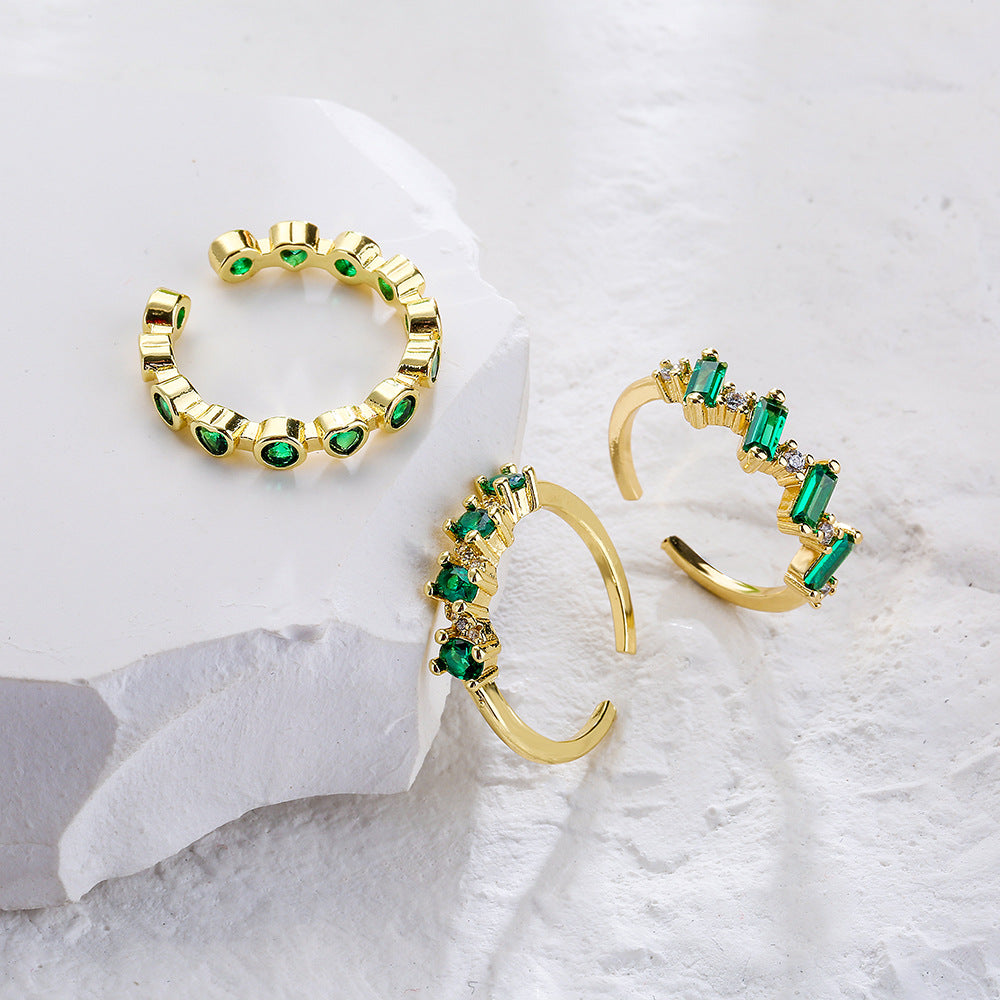 Minimalist Geometric Copper Ring with 18K Gold Plating and Micro-Paved Green Zirconia for Women