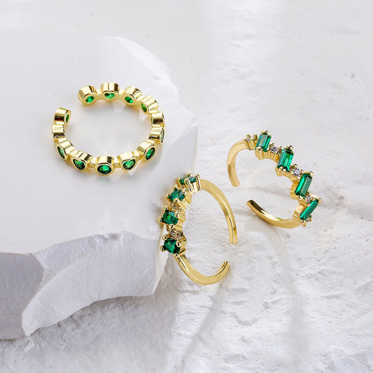 Minimalist Geometric Copper Ring with 18K Gold Plating and Micro-Paved Green Zirconia for Women