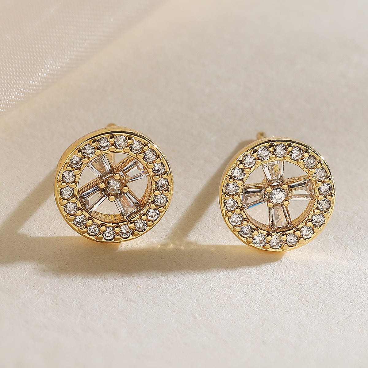 Minimalist 18K Gold Plated Brass Geometric Cubic Zirconia Stud Earrings for Women