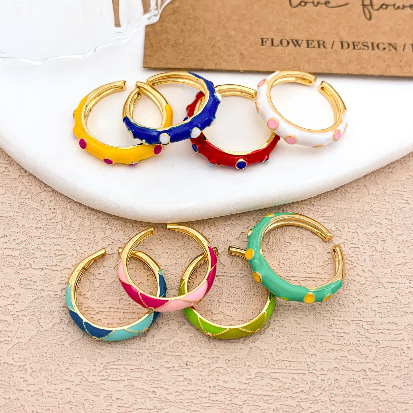 Sweet Geometric Checkered Alloy Drip Oil Plated Adjustable Ring for Women