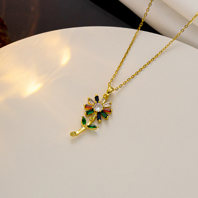 Collar Colgante Floral de Girasol Minimalista para Mujer en Acero de Titanio con Incrustación de Diamantes de Imitación en Cadena O