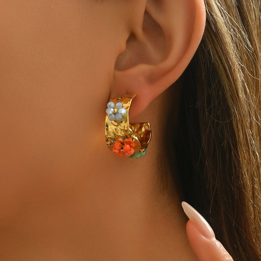 Vintage Floral Geometric Copper Earrings with Zircon Inlay for Women Stainless Steel Post