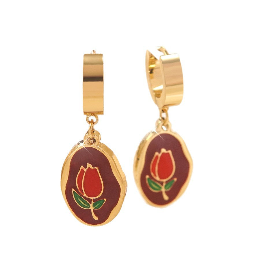 Aretes de acero inoxidable con esmalte de aceite floral de lujo elegante de rosa para mujer