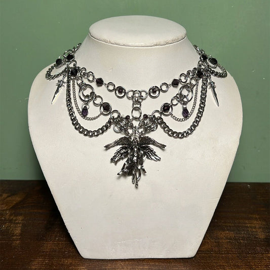 Gothic Style Angel Pendant Necklace for Women with Geometric Wings, Alloy Metal Plated Locket Chain