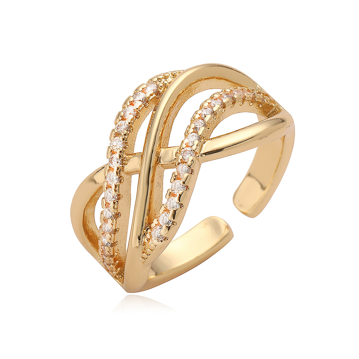 Minimalist Geometric Hollow-Out Open Ring for Women in Brass with 18K Gold Plating and Zircon Inlay