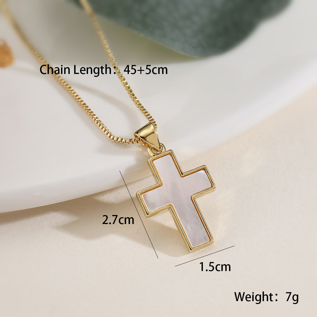 Collana con Ciondolo a Croce Minimalista da Donna in Rame con Placcatura in Oro 18 carati e Intarsio in Abalone Bianco