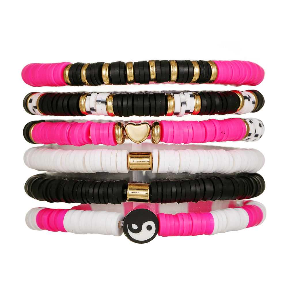 Handmade Polymer Clay Bracelet with Heart and Yin Yang Design Geometric Style for Unisex Friendship and Couple Layering