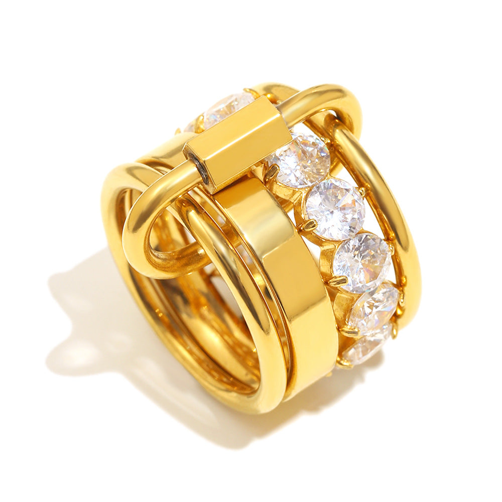 Fashionable Geometric Stainless Steel Ring with 18K Gold Plating and Multi-Layer Zirconia for Women