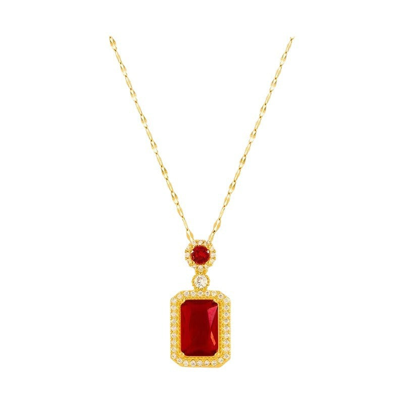 Minimalist Geometric Emerald Zircon Pendant Necklace Set for Women in Titanium Steel with Vacuum Plating