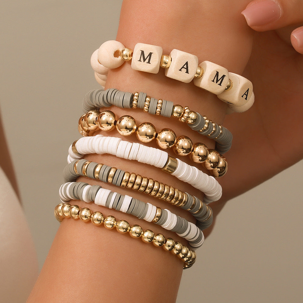 Bohemian Wood Bead and Resin Letter Bracelet Set