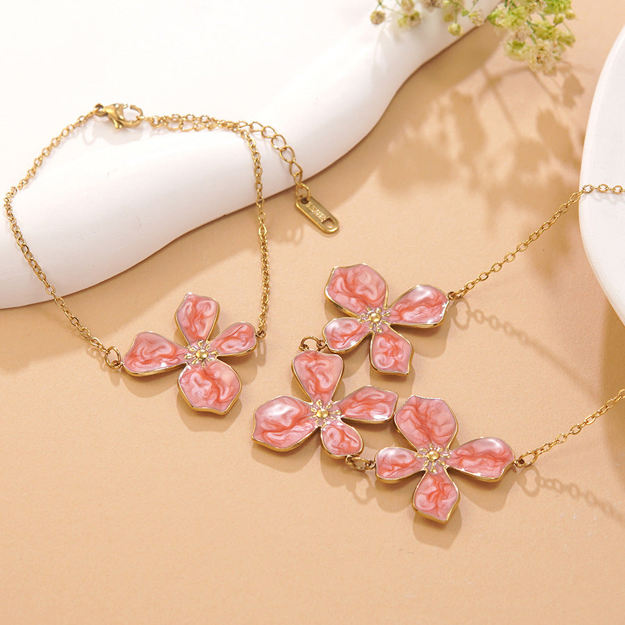 Sweet Drip Oil Floral Stainless Steel Necklace and Bracelet Set for Women