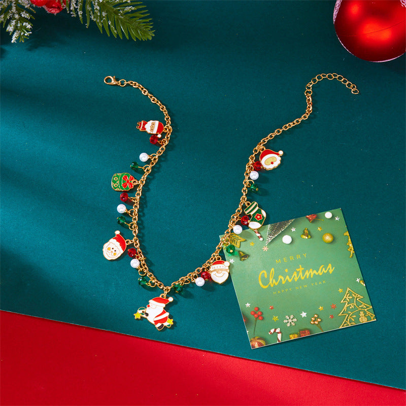 Fashionable Christmas-Themed Pendant Necklace for Women with 3D Floral Design Zinc Alloy Base Electroplated Finish Featuring Santa Snowflake and Jingle Bell Motifs