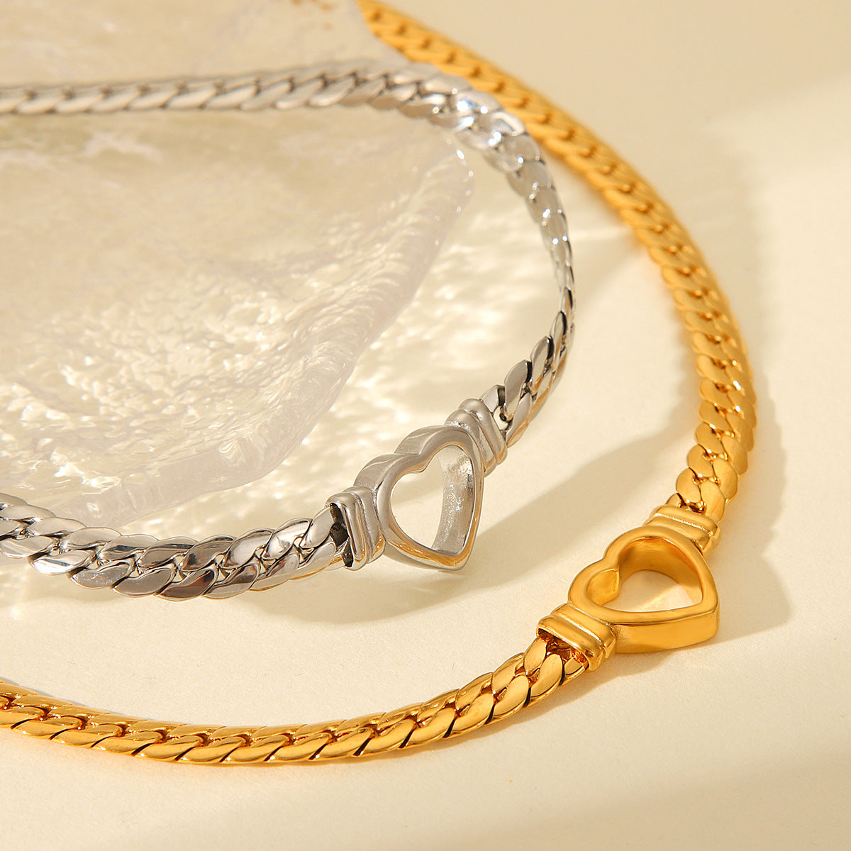 Minimalist Hollow Heart Pendant Necklace in Stainless Steel with 18K Gold Plating Cuban Chain for Women
