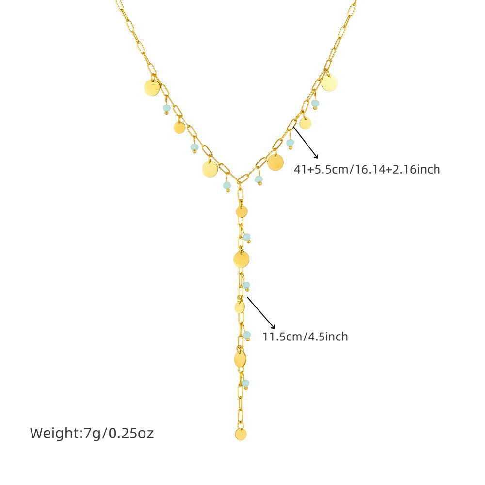 Minimalist Elegant Stainless Steel Plated Heart Round Rhinestone Y-Shape Long Tassel Necklace for Women