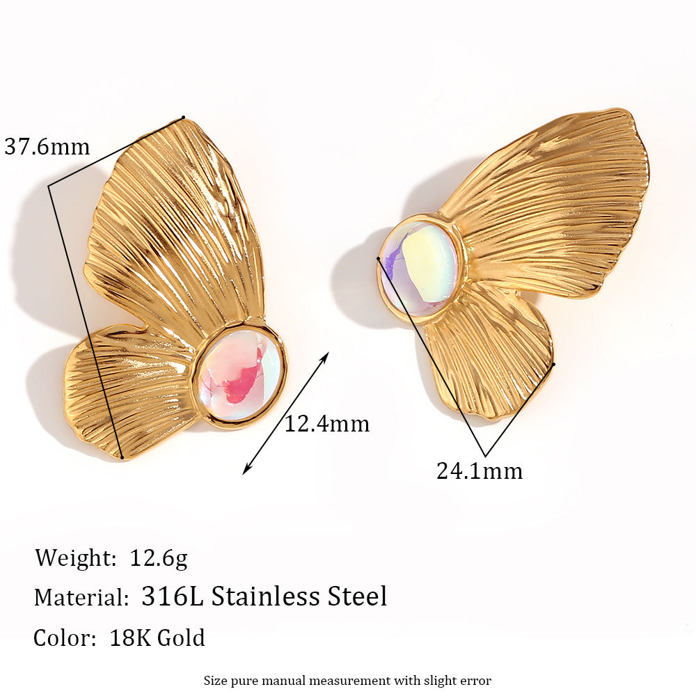 Fashionable Oval Stainless Steel Earrings with 18K Gold Plating and Hammered Texture Natural Stone for Women